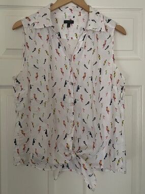 🦜 Talbots White Sleeveless Tie-Front Top with Multi Bird Print 🦜